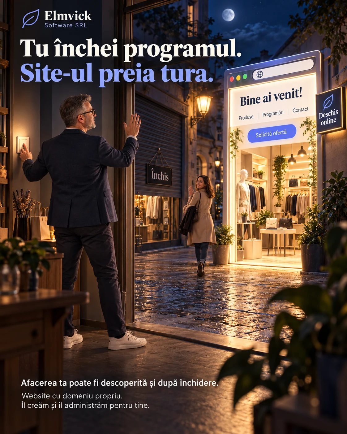 A man closes the shop for the evening while the business website continues to welcome customers.