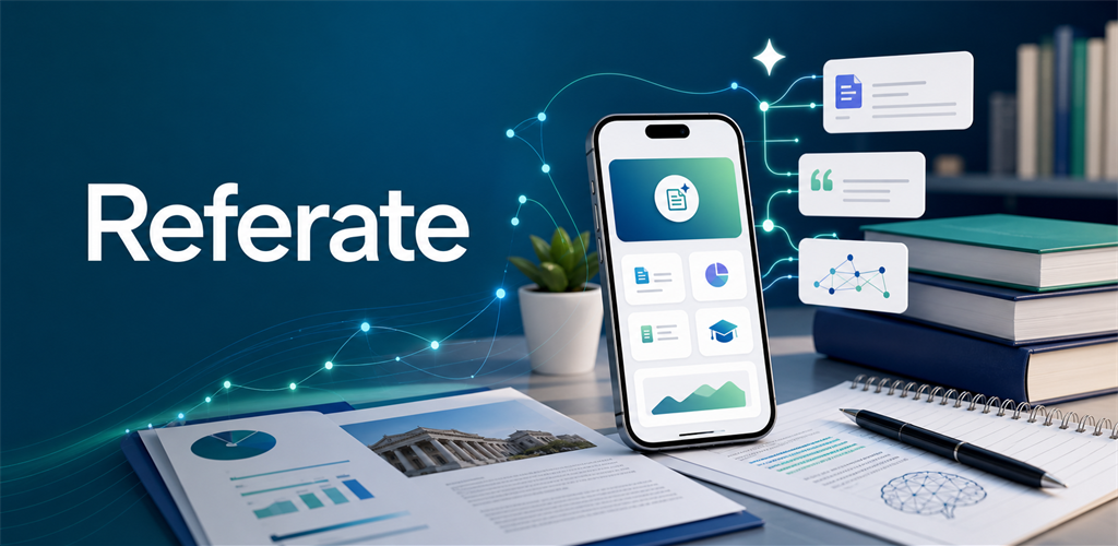 Promotional illustration of Referate, with a phone, documents and books; not an app screenshot.