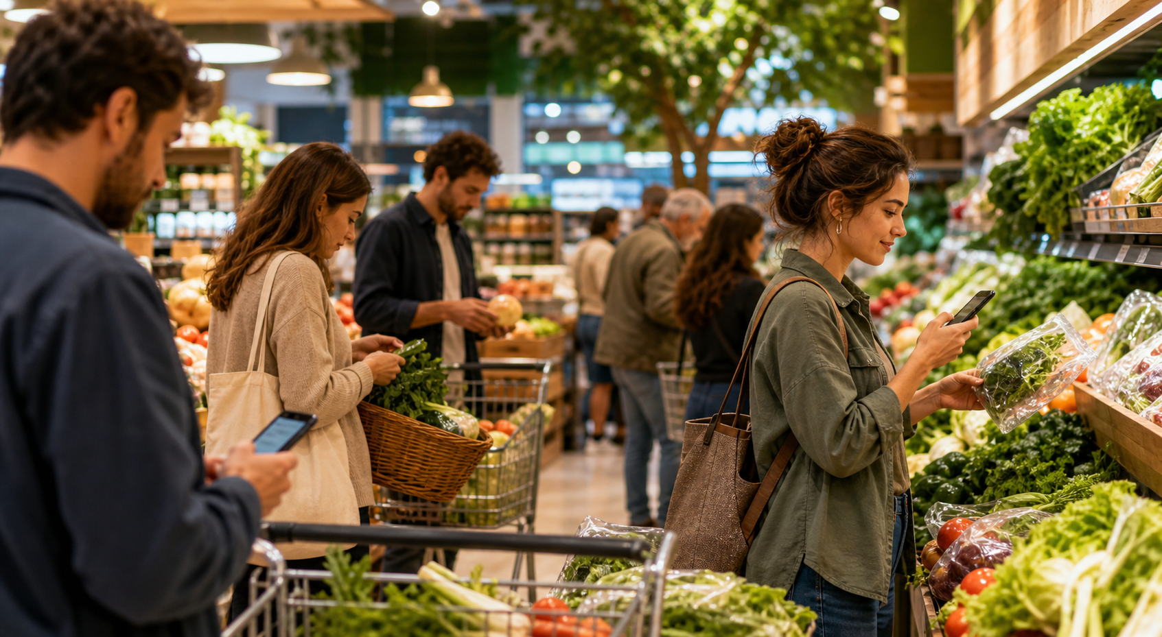 Community shoppers using phones in a lively grocery store