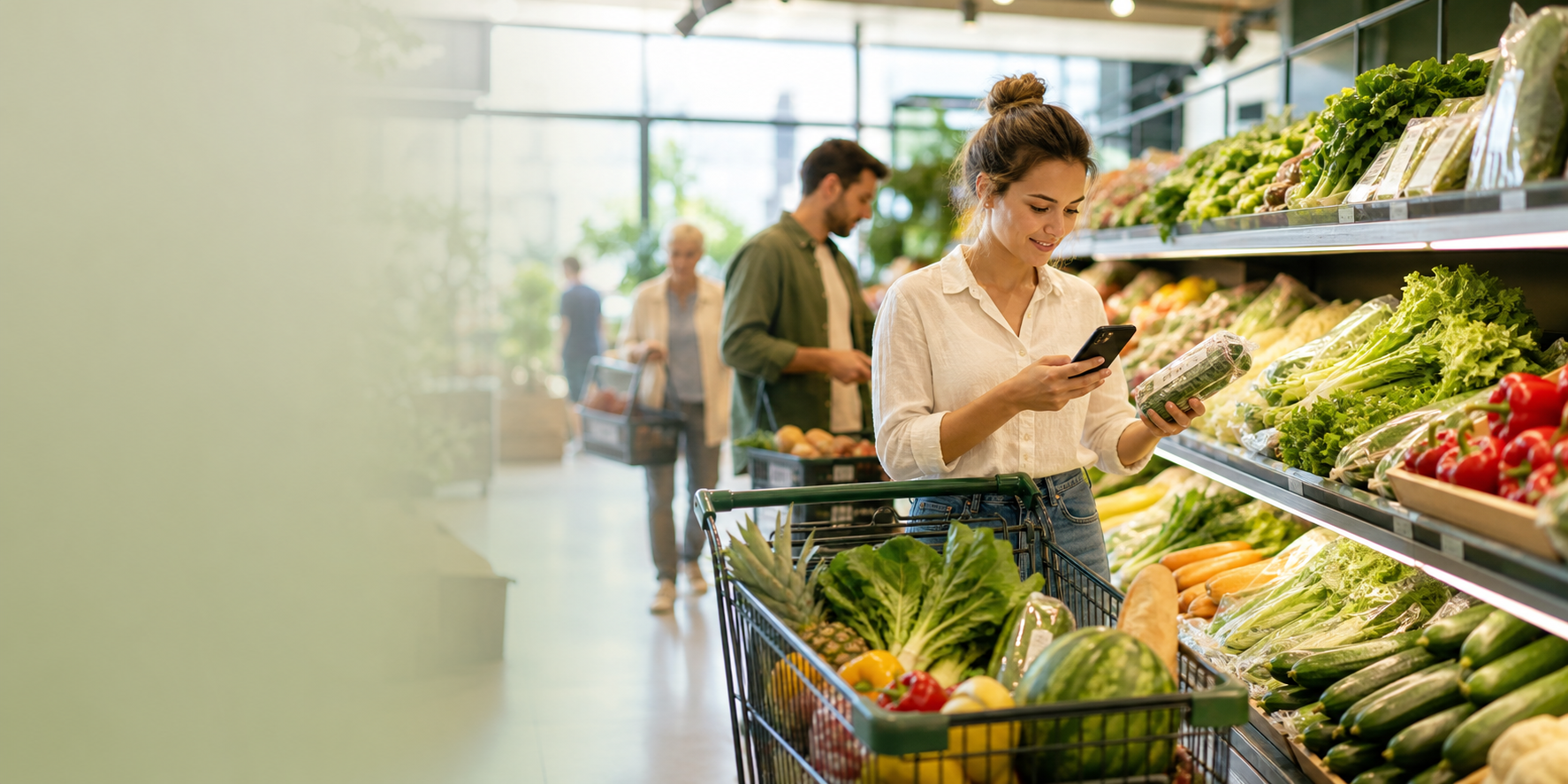 Shoppers using phones while choosing groceries in a bright supermarket